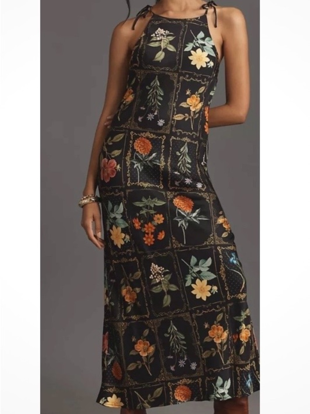 Anthropologie Tie-Neck Column Midi Dress Black Floral Size Medium NWOT - Picture 1 of 7